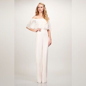 BHLDN Theia Mila Off-the-Shoulder Cream Lace Jumpsuit, Size 14